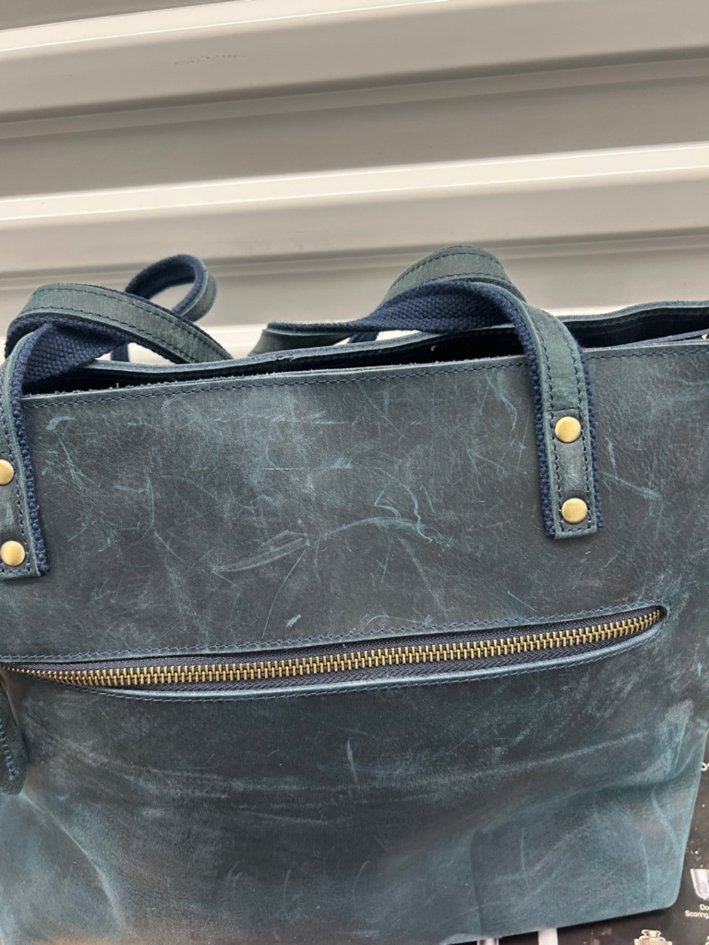 Distressed Genuine Leather Structured Tote in Teal Blue - Everyday Shoulder Bag - Picture 4 of 6